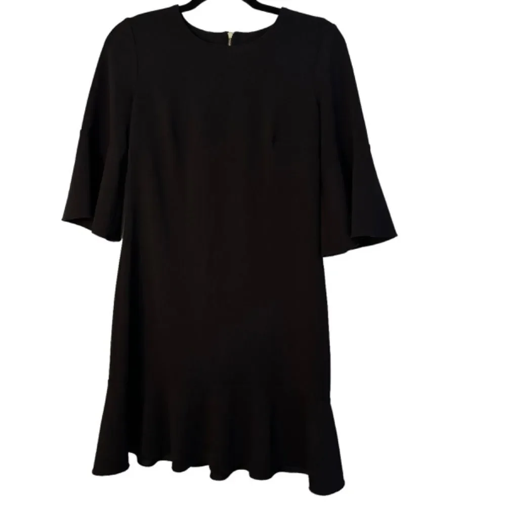 ELLEN TRACY Woman's Size 6 Black Bell Sleeve Ruffle Hem Exposed Back Zipper
